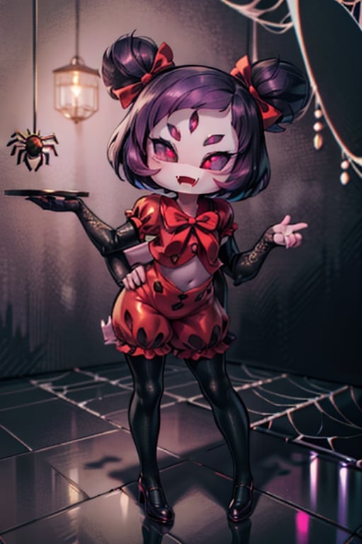 8k resolution, high resolution, masterpiece,  intricate details, highly detailed, HD quality, best quality, vibrant colors, 1girl,muffet,(muffetwear), monster girl,((purple body:1.3)),humanoid, arachnid, anthro,((fangs)),pigtails,hair bows,5 eyes,spider girl,6 arms,solo,clothed,6 hands,detailed hands,((spider webs:1.4)),bloomers,red and black clothing, armwear,  detailed eyes, super detailed, extremely beautiful graphics, super detailed skin, best quality, highest quality, high detail, masterpiece, detailed skin, perfect anatomy, perfect hands, perfect fingers, complex details, reflective hair, textured hair, best quality, super detailed, complex details, high resolution, looking at the viewer, rich colors, ,muffetwear,Shadbase ,JCM2,DAGASI,Oerlord,illya,In the style of gravityfalls,tensura,Mrploxykun,BORN-TO-DIE,Captain kirb