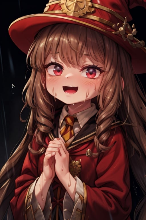 8k resolution, high resolution, masterpiece, intricate details, highly detailed, HD quality, solo, loli, black desert on the background, night, rain, red stars in the sky, scarlet moon, Hermione Granger. Red eyes.brown hair.(Hermione Granger's clothes). the wizard's red robe.a crazy smile.funny expression.a satisfied expression.expression of ecstasy, focus on the whole body, the whole body in the frame, small breasts, vds, looking at viewer, wet, rich colors, vibrant colors, detailed eyes, super detailed, extremely beautiful graphics, super detailed skin, best quality, highest quality, high detail, masterpiece, detailed skin, perfect anatomy, perfect body, perfect hands, perfect fingers, complex details, reflective hair, textured hair, best quality, super detailed, complex details, high resolution,  

,Mrploxykun,Shadbase ,USA,Kanna Kamui ,Hat Kid,Hermione Granger