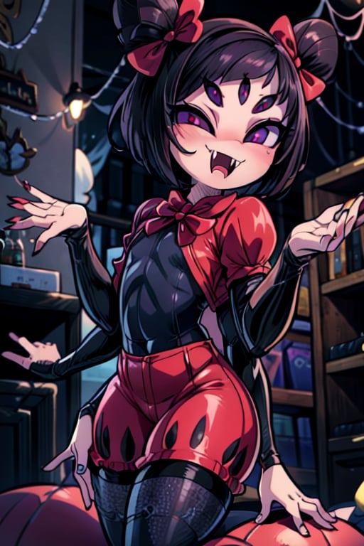 8k resolution, high resolution, masterpiece,  intricate details, highly detailed, HD quality, best quality, vibrant colors, 1girl,muffet,(muffetwear), monster girl,((purple body:1.3)),humanoid, arachnid, anthro,((fangs)),pigtails,hair bows,5 eyes,spider girl,6 arms,solo,clothed,6 hands,detailed hands,((spider webs:1.4)),bloomers,red and black clothing, armwear,  detailed eyes, super detailed, extremely beautiful graphics, super detailed skin, best quality, highest quality, high detail, masterpiece, detailed skin, perfect anatomy, perfect hands, perfect fingers, complex details, reflective hair, textured hair, best quality, super detailed, complex details, high resolution, looking at the viewer, rich colors, ,muffetwear,Shadbase 