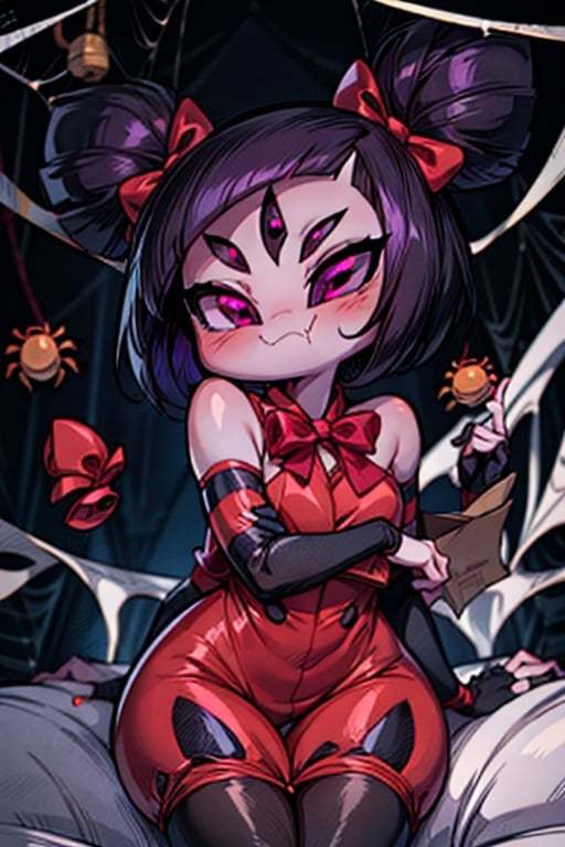 8k resolution, high resolution, masterpiece,  intricate details, highly detailed, HD quality, best quality, vibrant colors, 1girl,muffet,(muffetwear), monster girl,((purple body:1.3)),humanoid, arachnid, anthro,((fangs)),pigtails,hair bows,5 eyes,spider girl,6 arms,solo,clothed,6 hands,detailed hands,((spider webs:1.4)),bloomers,red and black clothing, armwear,  detailed eyes, super detailed, extremely beautiful graphics, super detailed skin, best quality, highest quality, high detail, masterpiece, detailed skin, perfect anatomy, perfect hands, perfect fingers, complex details, reflective hair, textured hair, best quality, super detailed, complex details, high resolution, looking at the viewer, rich colors, ,muffetwear,Shadbase ,JCM2,DAGASI,Oerlord,illya,In the style of gravityfalls,tensura,Mrploxykun,BORN-TO-DIE,Captain kirb,ChronoTemp ,spy x family style