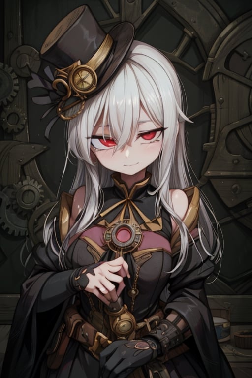 8k resolution, high resolution, masterpiece, intricate details, highly detailed, HD quality, solo, 1girl, loli, Steampunk dress, steampunk hat, top hat, black and gold clothing colors, gears in the background, dark background, white hair, long smooth hair, red eyes, pale skin, thin smile, thoughtful expression, thoughtful look, monocle on the right eye, looking at viewer, rich colors, vibrant colors, detailed eyes, super detailed, extremely beautiful graphics, super detailed skin, best quality, highest quality, high detail, masterpiece, detailed skin, perfect anatomy, perfect body, perfect hands, perfect fingers, complex details, reflective hair, textured hair, best quality, super detailed, complex details, high resolution,  

,A Traditional Japanese Art,Kakure Eria,ARTby Noise,Landidzu,HarryDraws,Shadbase ,Shadman,Glitching,Star vs. the Forces of Evil ,In the style of gravityfalls,Solo Levelling,I’ve Been Killing Slimes for 300 Years,kobayashi-san chi no maid dragon ,Oerlord,illya,tensura,the legend of korra,arcane style,wzrokudostyle