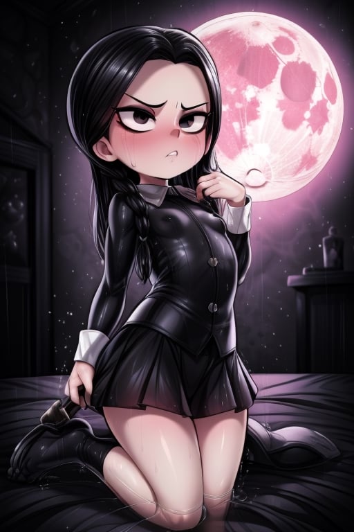 8k resolution, high resolution, masterpiece, intricate details, highly detailed, HD quality, solo, loli, short stature, little girls, only girls, dark background, rain, scarlet moon, crimson moon, moon, moon on the background,

Wednesday Addams.black eyes.black hair.long hair.straight hair.Wednesday Addams clothing.tight clothes.sexy clothes.black jacket.white shirt.black skirt.emotionless expression.a cold expression.relaxed posture.sexy pose,

small breasts, flat breasts, focus on the whole body, the whole body in the frame, the body is completely in the frame, the body does not leave the frame, detailed hands, detailed fingers, perfect body, perfect anatomy, wet bodies, rich colors, vibrant colors, detailed eyes, super detailed, extremely beautiful graphics, super detailed skin, best quality, highest quality, high detail, masterpiece, detailed skin, perfect anatomy, perfect body, perfect hands, perfect fingers, complex details, reflective hair, textured hair, best quality,super detailed,complex details, high resolution,

,USA,haruno sakura,JCM2,Oerlord,High detailed ,weapon,black eyes,chibi,fgo sprite,spy x family style,Star vs. the Forces of Evil ,Mrploxykun,jtveemo,DAGASI,BORN-TO-DIE,Captain kirb,Shadbase ,Artist,Ankha,Animal Crossing,War of the Visions  ,Wednesday Addams  