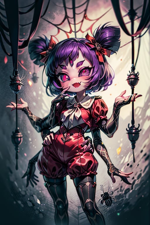 8k resolution, high resolution, masterpiece,  intricate details, highly detailed, HD quality, best quality, vibrant colors, 1girl,muffet,(muffetwear), monster girl,((purple body:1.3)),humanoid, arachnid, anthro,((fangs)),pigtails,hair bows,5 eyes,spider girl,6 arms,solo,clothed,6 hands,detailed hands,((spider webs:1.4)),bloomers,red and black clothing, armwear,  detailed eyes, super detailed, extremely beautiful graphics, super detailed skin, best quality, highest quality, high detail, masterpiece, detailed skin, perfect anatomy, perfect hands, perfect fingers, complex details, reflective hair, textured hair, best quality, super detailed, complex details, high resolution, looking at the viewer, rich colors, ,muffetwear,Shadbase ,JCM2,DAGASI,Oerlord,illya,In the style of gravityfalls,tensura,Mrploxykun,BORN-TO-DIE,Captain kirb