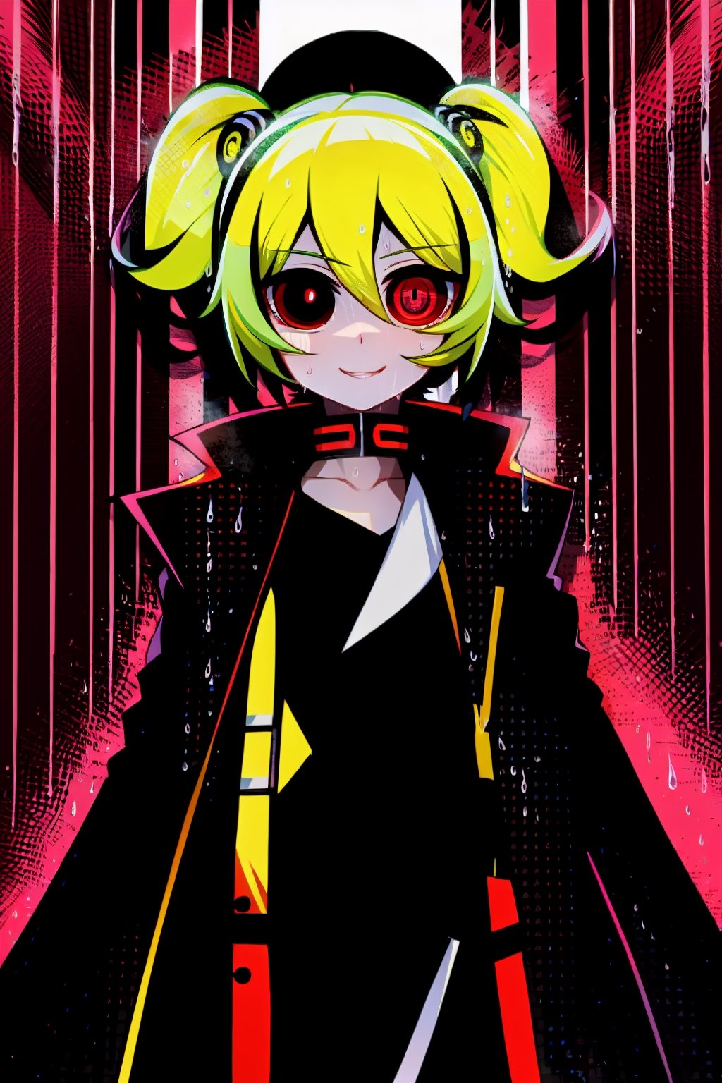 Loli, solo, Naruko Uzumaki, red eyes, eyes emitting scarlet light, black sclera, absolutely black eyeballs, three thin black vertical stripes on both cheeks, shadow on the face, the upper part of the face is hidden by shadow, long black scaly coat, open coat, yellow hair, two ponytails, squinted eyes, black gloves, black trousers, arms outstretched, scarlet lightning in the background, rain, thunderstorm, the whole body in the frame,Naruko