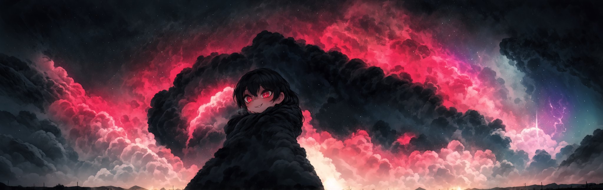 8k resolution, high resolution, masterpiece, intricate details, highly detailed, HD quality, solo, loli, black desert on the background, night, rain, red stars in the sky, scarlet moon, red stars, scarlet cosmos, snowy wasteland, black snow, scarlet lightning, apocalypse, the girl in the share, loli, black hair.long hair.developing hair.formidable aura.the scarlet aura.red eyes.glowing eyes.black coat.black pants.a cheeky smile.a cheeky expression.happy expression,

Focus on the whole body, the whole body in the frame, the body is completely in the frame, the body does not leave the frame, detailed hands, detailed fingers, perfect body, perfect anatomy, wet bodies, rich colors, vibrant colors, detailed eyes, super detailed, extremely beautiful graphics, super detailed skin, best quality, highest quality, high detail, masterpiece, detailed skin, perfect anatomy, perfect body, perfect hands, perfect fingers, complex details, reflective hair, textured hair, best quality,super detailed,complex details, high resolution,USA,JCM2,Captain kirb,jtveemo,ChronoTemp ,EpicArt,Mrploxykun