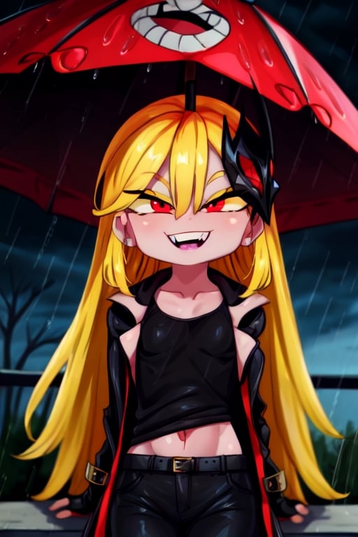 8k resolution, high resolution, masterpiece, long black scaly coat, open coat, yellow hair, white trickster mask,mocking smile painted on the mask,red smile, fanged smile,red eyes painted on the mask,squinted eyes, black gloves, black pants, arms thrown to the side, looking at the viewer, scarlet lightning in the background, rain, thunderstorm, the whole body in the frame, solo, detailed eyes, super detailed, extremely beautiful graphics, super detailed skin, best quality, highest quality, high detail, masterpiece, detailed skin, perfect anatomy, perfect hands, perfect fingers, complex details, reflective hair, textured hair, best quality, super detailed, complex details, high resolution, looking at the viewer, rich colors,Mrploxykun,JCM2,Artist,Captain kirb