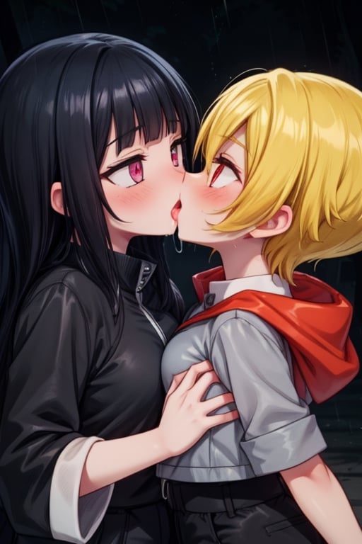 8k resolution, high resolution, masterpiece, intricate details, highly detailed, HD quality, solo, loli, dark background, black desert, scarlet moon,red moon, moon, rain,  2_girls, girls kissing, Naruko uzumaki.red eyes.(Naruko uzumaki has red eyes).blonde.yellow hair.Naruko uzumaki's clothes.black coat.black pants.a gentle expression.a satisfied expression.a playful expression.(Naruko towers over her partner), Hinata Hyuga.dark blue hair.pale lilac eyes.no pupils.Hinata Hugo's clothes.shinobi clothes.grey jacket.black pants.an embarrassed expression.happy recovery.joyful expression, kiss, two girls kissing, naruko and wednesday kissing, spittle, lesbian kiss, yuri, detailed kiss, kiss with tongues, detailed languages, focus on the whole body, the whole body in the frame, small breasts, rich colors, vibrant colors, detailed eyes, super detailed, extremely beautiful graphics, super detailed skin, best quality, highest quality, high detail, masterpiece, detailed skin, perfect anatomy, perfect body, perfect hands, perfect fingers, complex details, reflective hair, textured hair, best quality,super detailed,complex details, high resolution,

,jtveemo,himenoa