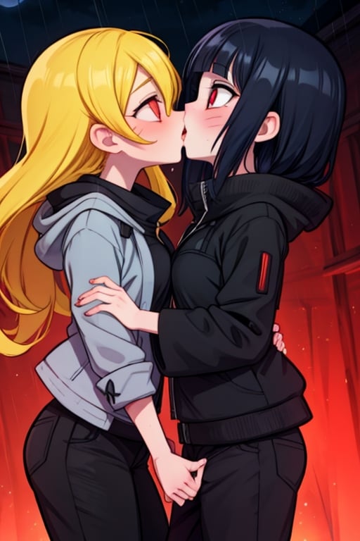 8k resolution, high resolution, masterpiece, intricate details, highly detailed, HD quality, solo, loli, dark background, black desert, scarlet moon,red moon, moon, rain,  2_girls, girls kissing, Naruko uzumaki.red eyes.(Naruko uzumaki has red eyes).blonde.yellow hair.Naruko uzumaki's clothes.black coat.black pants.a gentle expression.a satisfied expression.a playful expression.(Naruko towers over her partner), Hinata Hyuga.dark blue hair.pale lilac eyes.no pupils.Hinata Hugo's clothes.shinobi clothes.grey jacket.black pants.an embarrassed expression.happy recovery.joyful expression, kiss, two girls kissing, naruko and wednesday kissing, spittle, lesbian kiss, yuri, detailed kiss, kiss with tongues, detailed languages, focus on the whole body, the whole body in the frame, small breasts, rich colors, vibrant colors, detailed eyes, super detailed, extremely beautiful graphics, super detailed skin, best quality, highest quality, high detail, masterpiece, detailed skin, perfect anatomy, perfect body, perfect hands, perfect fingers, complex details, reflective hair, textured hair, best quality,super detailed,complex details, high resolution,

,jtveemo,himenoa,Star vs. the Forces of Evil ,Naruto