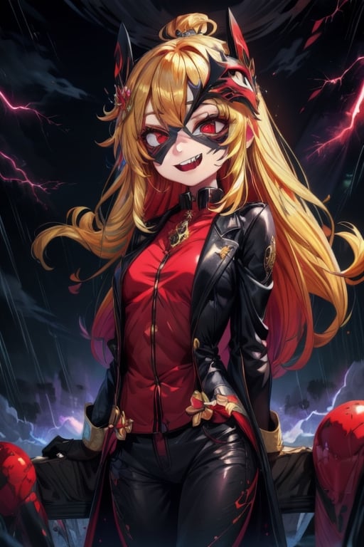 8k resolution, high resolution, masterpiece, long black scaly coat, open coat, yellow hair, white trickster mask,mocking smile painted on the mask,red smile, fanged smile,red eyes painted on the mask,squinted eyes, black gloves, black pants, arms thrown to the side, looking at the viewer, scarlet lightning in the background, rain, thunderstorm, the whole body in the frame, solo, detailed eyes, super detailed, extremely beautiful graphics, super detailed skin, best quality, highest quality, high detail, masterpiece, detailed skin, perfect anatomy, perfect hands, perfect fingers, complex details, reflective hair, textured hair, best quality, super detailed, complex details, high resolution, looking at the viewer, rich colors,Mrploxykun,JCM2,High detailed ,perfecteyes,Color magic,War of the Visions  ,Saturated colors