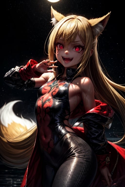 8k resolution, high resolution, masterpiece, intricate details, highly detailed, HD quality, solo, loli, short stature, little girls, only girls, dark background, rain, scarlet moon, crimson moon, moon, moon on the background, 

Red eyes.black sclera.vertical pupil.cat's pupil.glowing eyes.fangs.fox ears.a fox's tail behind his back.claws on the fingers.claw.black claws.small claws.blonde.yellow hair.long hair.straight hair.two ponytails.black scaly coat.black pants.an evil expression.grin.a joyful expression.fighting pose, 

focus on the whole body, the whole body in the frame, the body is completely in the frame, the body does not leave the frame, detailed hands, detailed fingers, perfect body, perfect anatomy, wet bodies, rich colors, vibrant colors, detailed eyes, super detailed, extremely beautiful graphics, super detailed skin, best quality, highest quality, high detail, masterpiece, detailed skin, perfect anatomy, perfect body, perfect hands, perfect fingers, complex details, reflective hair, textured hair, best quality,super detailed,complex details, high resolution,

,jcdDX_soul3142,JCM2,High detailed ,USA,Color magic,AmyRose,Mrploxykun,Sonic,perfecteyes,Artist,AGGA_ST011,AGGA_ST005,rizdraws,fairy_tail_style,Oerlord,illya,hornet,HarryDraws,jtveemo,ChronoTemp ,Star vs. the Forces of Evil ,arcane style,Landidzu,Captain kirb,Saturated colors,Color saturation ,DAGASI