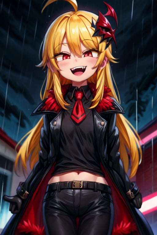 8k, resolution, high resolution, masterpiece, long black scaly coat, open coat, yellow hair, white trickster mask,mocking smile painted on the mask,red smile, fanged smile,red eyes painted on the mask,squinted eyes, black gloves, black pants, arms thrown to the side, looking at the viewer, scarlet lightning in the background, rain, thunderstorm, the whole body in the frame, solo, 