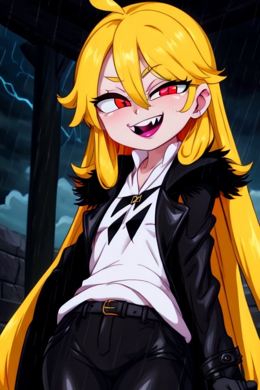 8k resolution, high resolution, masterpiece, long black scaly coat, open coat, yellow hair, white trickster mask,mocking smile painted on the mask,red smile, fanged smile,red eyes painted on the mask,squinted eyes, black gloves, black pants, arms thrown to the side, looking at the viewer, scarlet lightning in the background, rain, thunderstorm, the whole body in the frame, solo, detailed eyes, super detailed, extremely beautiful graphics, super detailed skin, best quality, highest quality, high detail, masterpiece, detailed skin, perfect anatomy, perfect hands, perfect fingers, complex details, reflective hair, textured hair, best quality, super detailed, complex details, high resolution, looking at the viewer, rich colors,Mrploxykun,JCM2