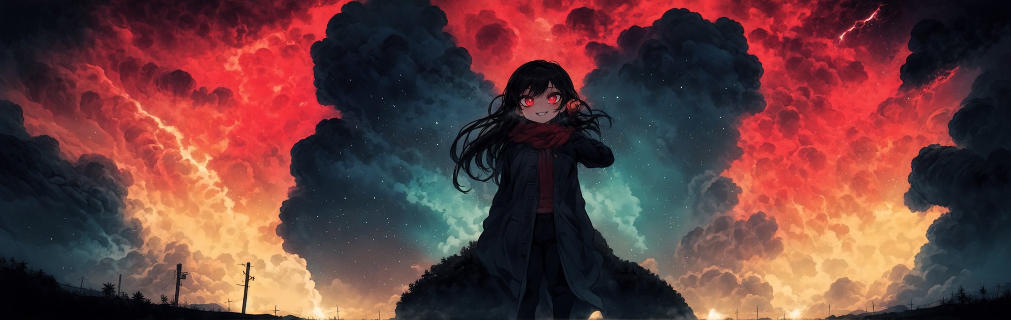 8k resolution, high resolution, masterpiece, intricate details, highly detailed, HD quality, solo, loli, black desert on the background, night, rain, red stars in the sky, scarlet moon, red stars, scarlet cosmos, snowy wasteland, black snow, scarlet lightning, apocalypse, the girl in the share, loli, black hair.long hair.developing hair.formidable aura.the scarlet aura.red eyes.glowing eyes.black coat.black pants.a cheeky smile.a cheeky expression.happy expression,

Focus on the whole body, the whole body in the frame, the body is completely in the frame, the body does not leave the frame, detailed hands, detailed fingers, perfect body, perfect anatomy, wet bodies, rich colors, vibrant colors, detailed eyes, super detailed, extremely beautiful graphics, super detailed skin, best quality, highest quality, high detail, masterpiece, detailed skin, perfect anatomy, perfect body, perfect hands, perfect fingers, complex details, reflective hair, textured hair, best quality,super detailed,complex details, high resolution,USA,JCM2,Captain kirb,jtveemo,ChronoTemp ,EpicArt,Mrploxykun