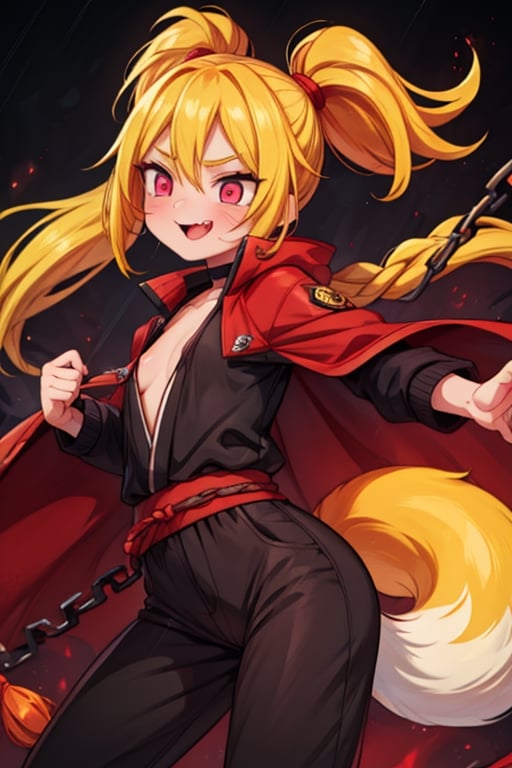 8k resolution, high resolution, masterpiece, intricate details, highly detailed, HD quality, solo, loli, 1_girls, dark background.black desert.scarlet moon.red moon.moon.rain, Naruko uzumaki.red eyes.blonde.yellow hair.two ponytails.Naruko uzumaki clothes.shinobi clothes.black scaly coat.black pants.elongated tongue.long tongue.big tongue.flaunt.fighting pose.glowing eyes.a cheeky smile.funny expression.a joyful expression, a fighting scythe in crayfish.a black blade with red edges.black metal handle.two-meter braid.the base of the blade is wrapped in chains, a giant fox behind Naruko.ghostly fox. red wool.red aura.tail.bared fangs.fighting pose, looking at the camera, focus on the whole body, the whole body in the frame, small breasts, rich colors, vibrant colors, detailed eyes, super detailed, extremely beautiful graphics, super detailed skin, best quality, highest quality, high detail, masterpiece, detailed skin, perfect anatomy, perfect body, perfect hands, perfect fingers, complex details, reflective hair, textured hair, best quality,super detailed,complex details, high resolution,

,jtveemo,himenoa,Star vs. the Forces of Evil ,Naruto,Landidzu,arcane style,Oerlord,DAGASI,Karin