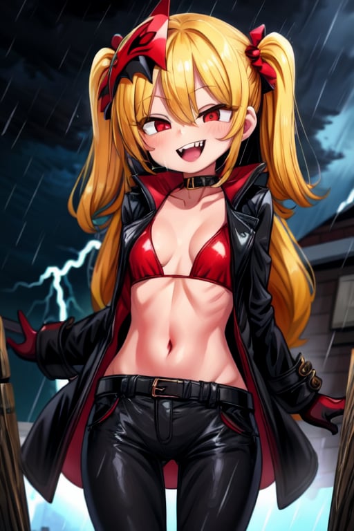 8k, resolution, high resolution, masterpiece, long black scaly coat, open coat, yellow hair, white trickster mask,mocking smile painted on the mask,red smile, fanged smile,red eyes painted on the mask,squinted eyes, black gloves, black pants, arms thrown to the side, looking at the viewer, scarlet lightning in the background, rain, thunderstorm, the whole body in the frame, solo, 