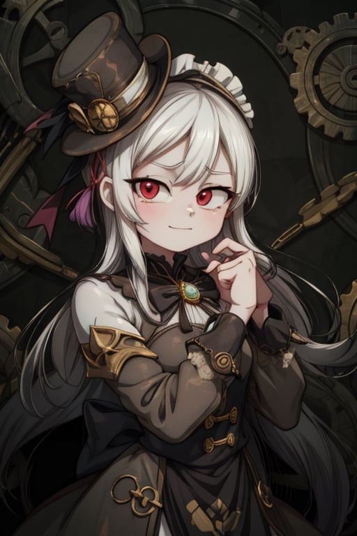 8k resolution, high resolution, masterpiece, intricate details, highly detailed, HD quality, solo, 1girl, loli, Steampunk dress, steampunk hat, top hat, black and gold clothing colors, gears in the background, dark background, white hair, long smooth hair, red eyes, pale skin, thin smile, thoughtful expression, thoughtful look, monocle on the right eye, looking at viewer, rich colors, vibrant colors, detailed eyes, super detailed, extremely beautiful graphics, super detailed skin, best quality, highest quality, high detail, masterpiece, detailed skin, perfect anatomy, perfect body, perfect hands, perfect fingers, complex details, reflective hair, textured hair, best quality, super detailed, complex details, high resolution,  

,A Traditional Japanese Art,Kakure Eria,ARTby Noise,Landidzu,HarryDraws,Shadbase ,Shadman,Glitching,Star vs. the Forces of Evil ,In the style of gravityfalls,Solo Levelling,I’ve Been Killing Slimes for 300 Years,kobayashi-san chi no maid dragon ,Oerlord,illya,tensura,the legend of korra,arcane style,wzrokudostyle