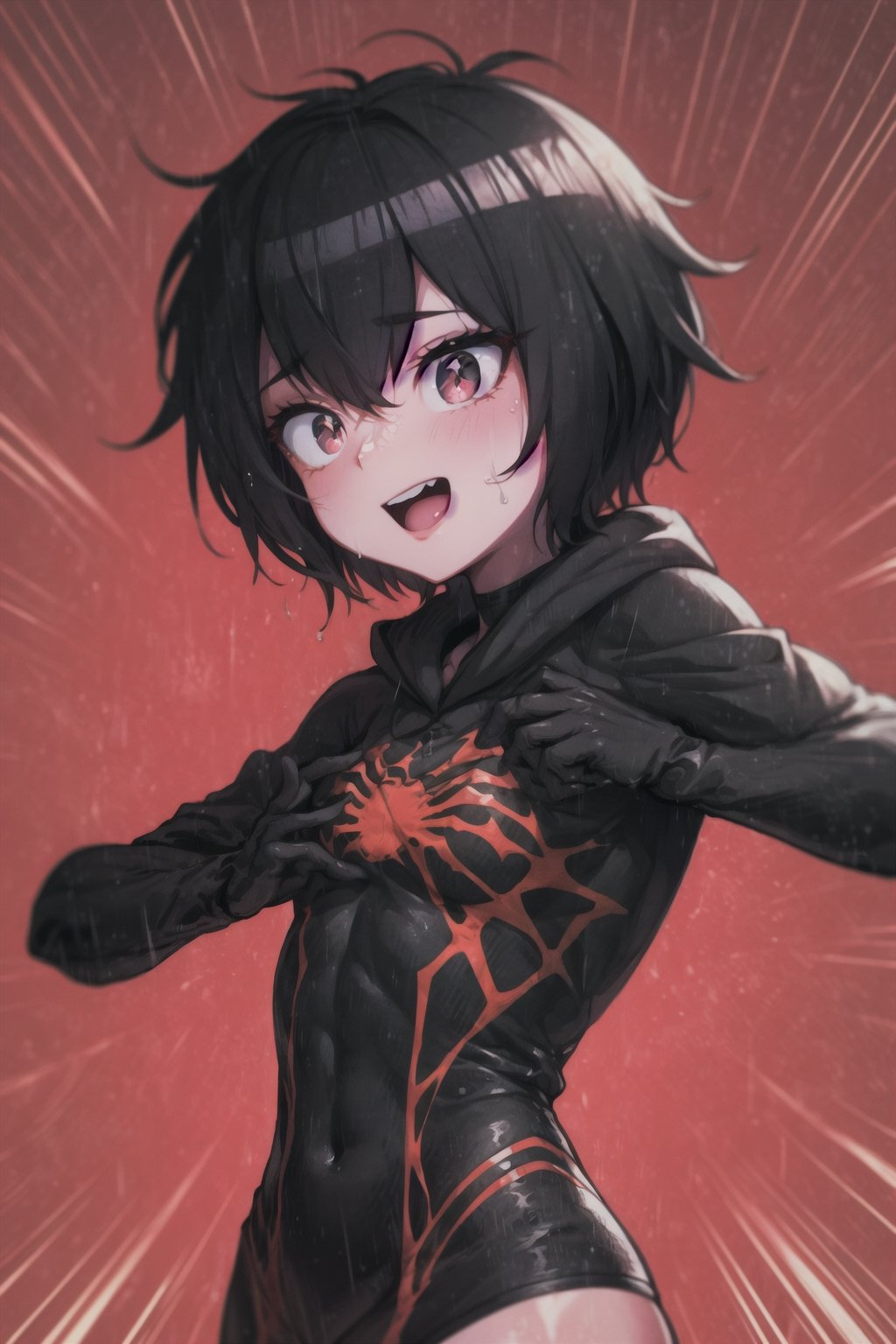 8k resolution, high resolution, masterpiece, intricate details, highly detailed, HD quality, solo, loli, short stature, little girls, only girls, dark background, rain, scarlet moon, crimson moon, moon, moon on the background, science fiction, science fiction city, red neon, blood red neon, burgundy red neon,

Peni Parker.red eyes.shining scarlet eyes.shining eyes.black hair.short haircut.slim build.teenage girl.Spiderman.Marvel.superhero.young woman.slim build.the red web.tight-fitting suit.black and red clothes.black spider print on the chest.black spider emblem.spider print.black print.hood.stretched hood.cheked smile.funny expression.fighting pose,

focus on the whole body, the whole body in the frame, the body is completely in the frame, the body does not leave the frame, detailed hands, detailed fingers, perfect body, perfect anatomy, wet bodies, rich colors, vibrant colors, detailed eyes, super detailed, extremely beautiful graphics, super detailed skin, best quality, highest quality, high detail, masterpiece, detailed skin, perfect anatomy, perfect body, perfect hands, perfect fingers, complex details, reflective hair, textured hair, best quality,super detailed,complex details, high resolution,

,AGGA_ST011,ChronoTemp ,illya,Star vs. the Forces of Evil ,Captain kirb,jtveemo,JCM2,Mrploxykun,Gerph ,Jago,Overlord,Artist,penini,C7b3rp0nkStyle,High detailed ,neon palette,perfecteyes,horror,fantasy00d