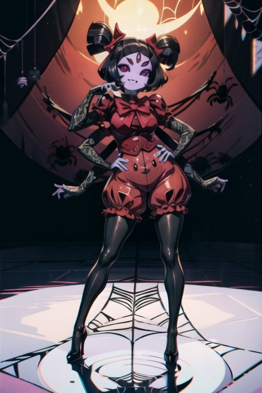 8k resolution, high resolution, masterpiece,  intricate details, highly detailed, HD quality, best quality, vibrant colors, 1girl,muffet,(muffetwear), monster girl,((purple body:1.3)),humanoid, arachnid, anthro,((fangs)),pigtails,hair bows,5 eyes,spider girl,6 arms,solo,clothed,6 hands,detailed hands,((spider webs:1.4)),bloomers,red and black clothing, armwear,  detailed eyes, super detailed, extremely beautiful graphics, super detailed skin, best quality, highest quality, high detail, masterpiece, detailed skin, perfect anatomy, perfect hands, perfect fingers, complex details, reflective hair, textured hair, best quality, super detailed, complex details, high resolution, looking at the viewer, rich colors, ,muffetwear,Shadbase ,JCM2,DAGASI,Oerlord,illya,In the style of gravityfalls,tensura,Mrploxykun