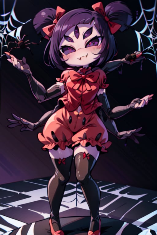 8k resolution, high resolution, masterpiece,  intricate details, highly detailed, HD quality, best quality, vibrant colors, 1girl,muffet,(muffetwear), monster girl,((purple body:1.3)),humanoid, arachnid, anthro,((fangs)),pigtails,hair bows,5 eyes,spider girl,6 arms,solo,clothed,6 hands,detailed hands,((spider webs:1.4)),bloomers,red and black clothing, armwear,  detailed eyes, super detailed, extremely beautiful graphics, super detailed skin, best quality, highest quality, high detail, masterpiece, detailed skin, perfect anatomy, perfect hands, perfect fingers, complex details, reflective hair, textured hair, best quality, super detailed, complex details, high resolution, looking at the viewer, rich colors, ,muffetwear,Shadbase ,JCM2,DAGASI