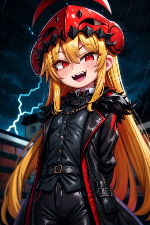 8k, resolution, high resolution, masterpiece, long black scaly coat, open coat, yellow hair, white trickster mask,mocking smile painted on the mask,red smile, fanged smile,red eyes painted on the mask,squinted eyes, black gloves, black pants, arms thrown to the side, looking at the viewer, scarlet lightning in the background, rain, thunderstorm, the whole body in the frame, solo, 