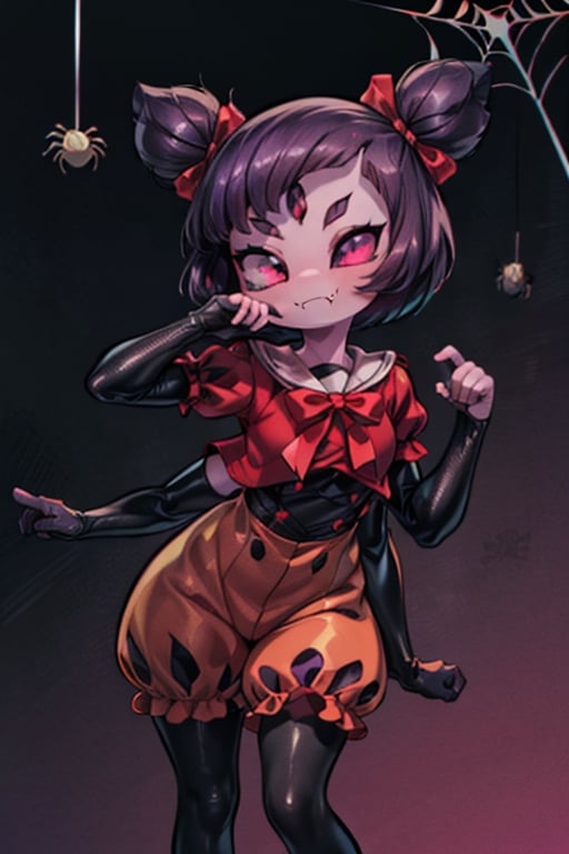 8k resolution, high resolution, masterpiece,  intricate details, highly detailed, HD quality, best quality, vibrant colors, 1girl,muffet,(muffetwear), monster girl,((purple body:1.3)),humanoid, arachnid, anthro,((fangs)),pigtails,hair bows,5 eyes,spider girl,6 arms,solo,clothed,6 hands,detailed hands,((spider webs:1.4)),bloomers,red and black clothing, armwear,  detailed eyes, super detailed, extremely beautiful graphics, super detailed skin, best quality, highest quality, high detail, masterpiece, detailed skin, perfect anatomy, perfect hands, perfect fingers, complex details, reflective hair, textured hair, best quality, super detailed, complex details, high resolution, looking at the viewer, rich colors, ,muffetwear,Shadbase ,JCM2,DAGASI,Oerlord,illya,In the style of gravityfalls,tensura,Mrploxykun,BORN-TO-DIE,Captain kirb