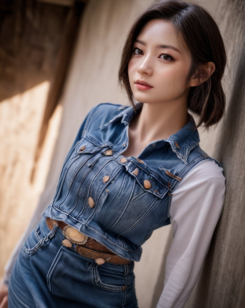 (glamour photography) photo of minju, Android_18_DB, blonde half_ponytail_hairstyle, (denim skirt, black undershirt with long white sleeves, pantyhose), (blush:0.9), (goosebumps:0.5), beautiful, masterpiece, photorealistic, remarkable detailed pupils, realistic dull skin noise, visible skin detail, skin fuzz, dry skin, (1girl, solo:2), (petite:1.2), masterpiece, hi-res, hdr, 8k, photorealistic, ultra realistic, ((pretend a goddess posing gravure):1.2), (cowboy shot:1.6), streets of manila, soft bounced lighting, (ray_tracing:1.2), subsurface scattering, {from side|from behind|(shot from a dutch angle:1.4)}, shot on RED camera, RAW cinema photo, (50mm portrait lens:1.2)