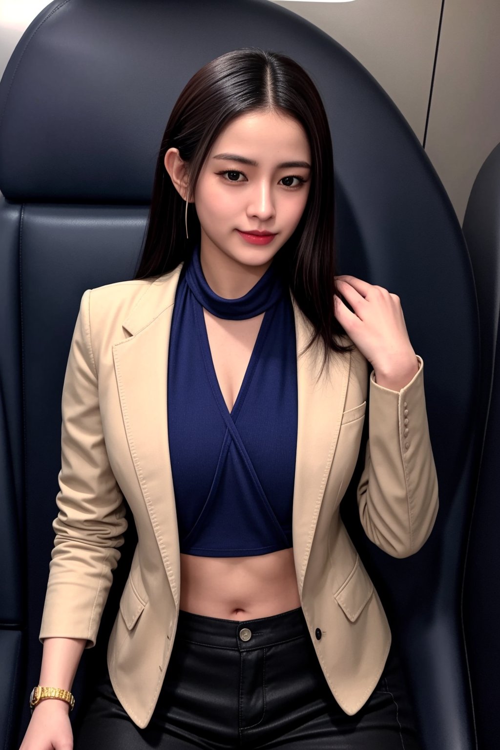 1girl, middle_jewelry over head, unique-physique, Airline crew members donning stylish gray uniforms, featuring a fitted jacket, trousers, and a colorful neck scarf, cowboy-shot, (((physically-realistic))),,<lora:659111690174031528:1.0>