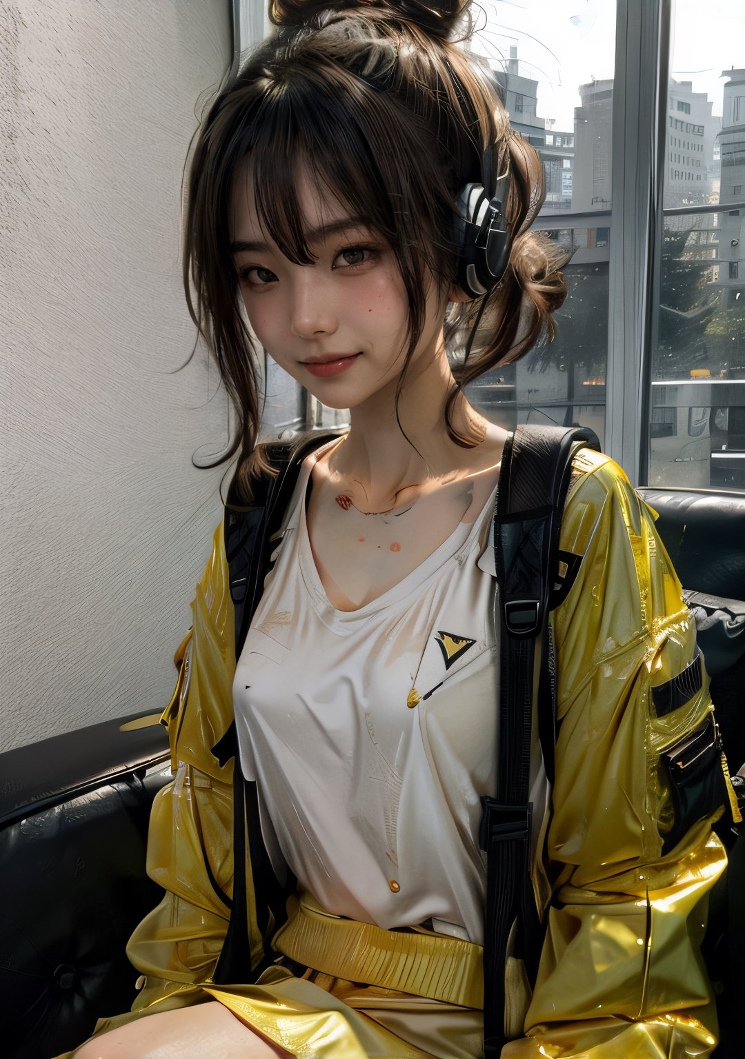 (glamour1.2) photo of a beautiful shy young woman with messy bun hair and a clear collarbone, sitting on a couch with knees up in a luxurious living room, BREAK wearing Urban techwear outfit, yellow jacket, headphones and backpack (blush, blemishes:0.6), (goosebumps:0.5), subsurface scattering, iridescent eyes, detailed skin texture, hourglass body shape, textured skin, realistic dull skin noise, visible skin detail, skin fuzz, dry skin, photorealistic, remarkable color, (photorealistic, SFW:1.3), (upper body framing:1.3), soft fill lighting, golden_ratio, Fujicolor_Pro_Film,