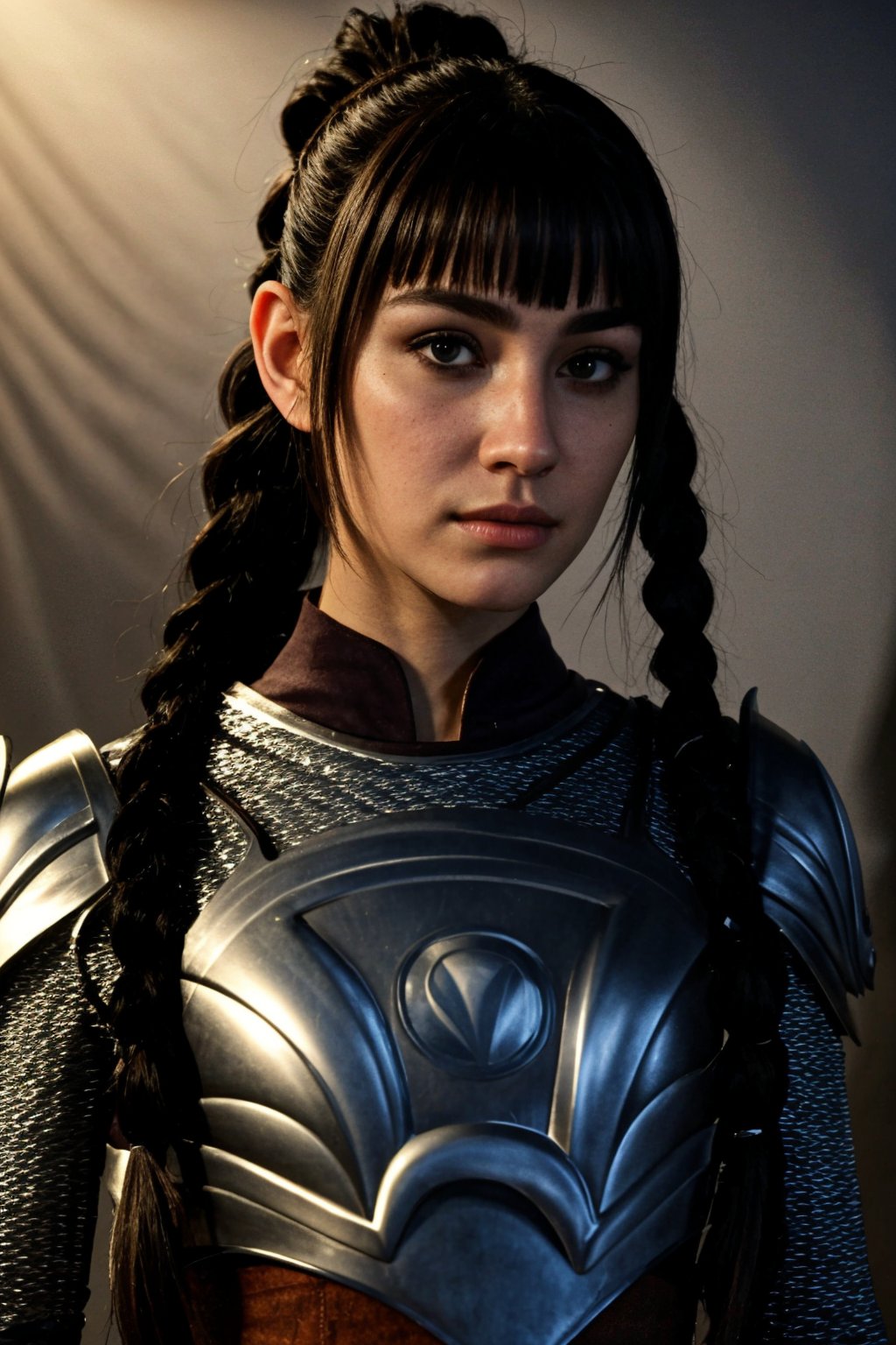 Photo-of-1girl, mix-of-hair-styles, dangerous-physique, pointy ears, braid, ponytail, hair ornament, scar, bangs, armor, shoulder armor, breastplate, pauldrons, jewelry, (((relaxed, ego-pov))), Enhance, photo background, dramatic-lighting,,<lora:659111690174031528:1.0>