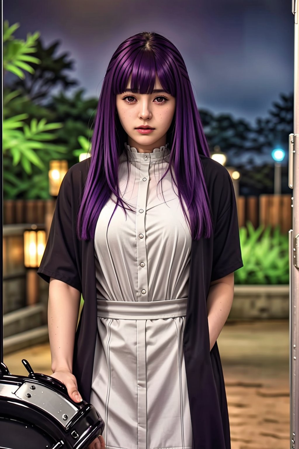 (((dating-pov))), irresistible-1girl, unique-mix-of-natural-hair-styles, purple-hair, blunt-bangs, unique-physique, fern-frieren, black-robes-over-white-shirt, long-dress, bodycon, no-virgin-anymore, (((relaxed))), over-intricate-background, outdoors-night, soft-natural-lighting, (((Ultra-HD-photo-same-realistic-quality-details))), remarkable-colors,,<lora:659111690174031528:1.0>