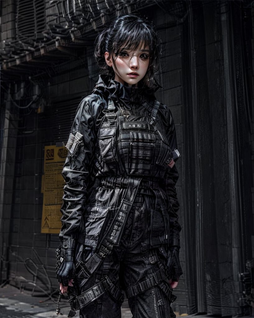 (high street fashion photography) photo of woman in her 20s, {ponytail|bobcut|(bun hair)}, (techwear jacket, with buckle and tape), (blush:0.9), (goosebumps:0.5), beautiful, masterpiece, photorealistic, remarkable detailed pupils, realistic dull skin noise, visible skin detail, skin fuzz, dry skin, detailed clothing, slender, skin blemish, beautiful, BREAK (tan_skin:1.2), BREAK masterpiece, hi-res, hdr, 8k, photorealistic, ultra realistic, ((gravure model posing for a picture)), (upper body from waist framing:1.2), (Futuristic City Streets:1.3), hard natural lighting, (ray tracing:1.4), subsurface scattering, {from side|(shot from a dutch angle:1.6)}, shot on ALEXA 65, RAW photo, 50mm portrait lens, in the style of Walker Evans