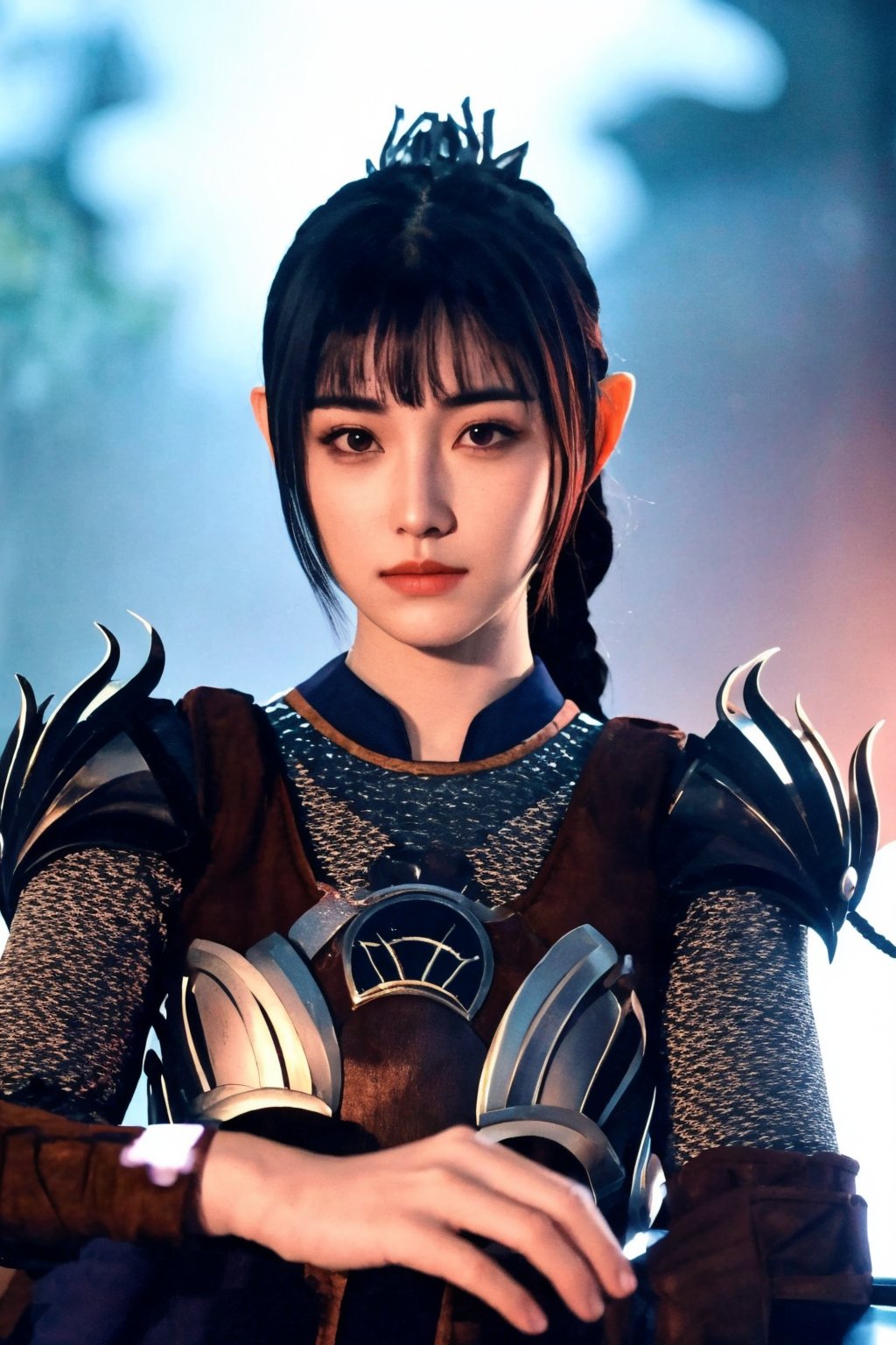 Photo-of-1girl, dangerous-physique, pointy ears, braid, ponytail, hair ornament, scar, bangs, armor, shoulder armor, breastplate, pauldrons, jewelry, (((relaxed, dating-pov))), medium-shot, Enhance, photo background, dramatic-lighting,,<lora:659111690174031528:1.0>