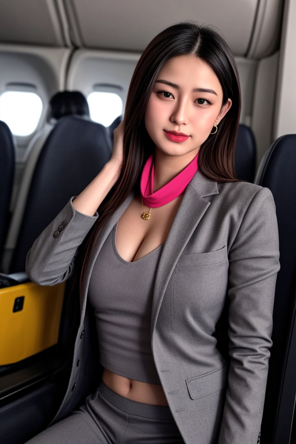 1girl, middle_jewelry over head, unique-physique, Airline crew members donning stylish gray uniforms, featuring a fitted jacket, trousers, and a colorful neck scarf, cowboy-shot, (((physically-realistic))),,<lora:659111690174031528:1.0>