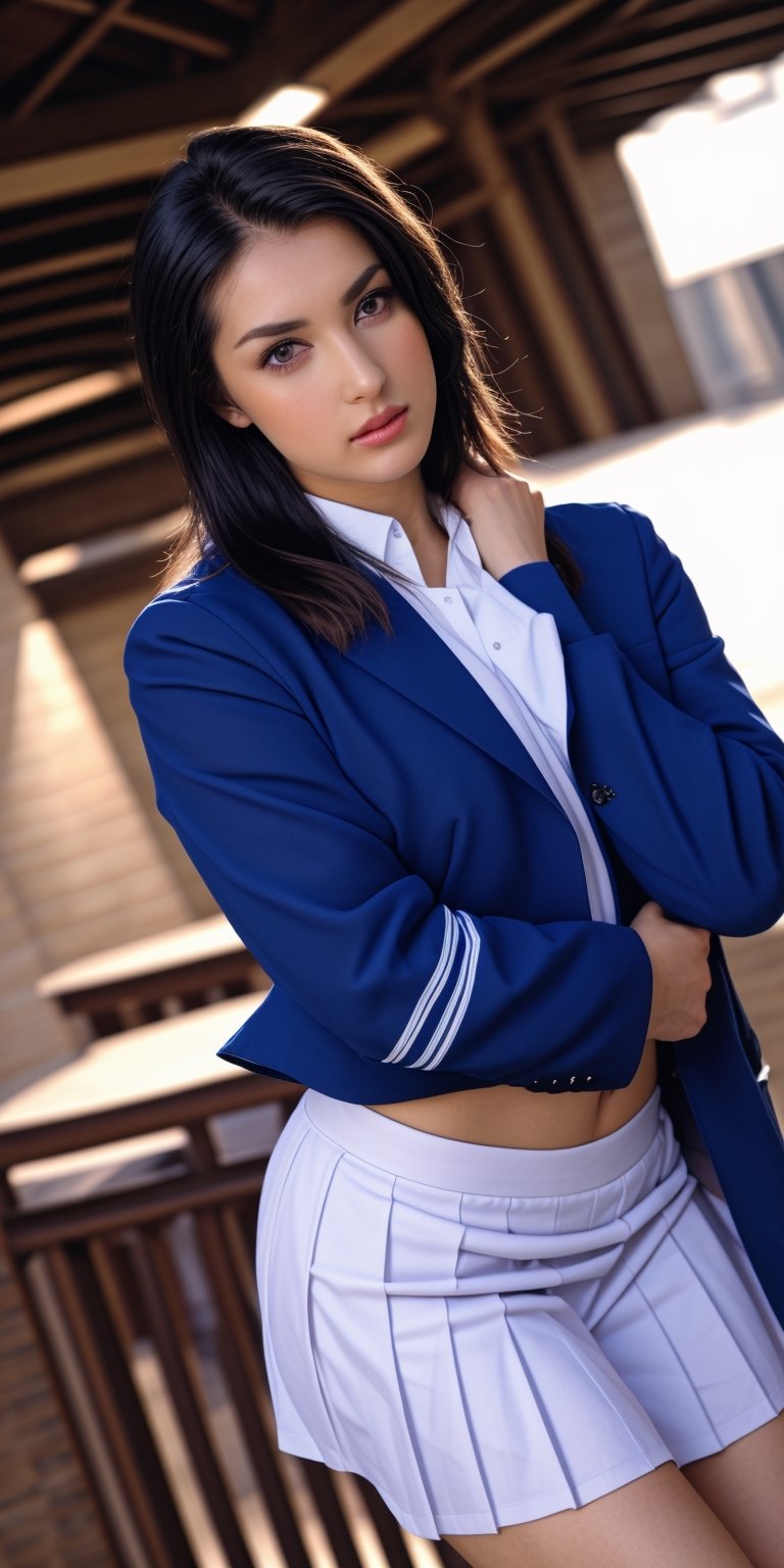 Photo-of-1girl, preteen, mid-parted-hair, silver-accented-black-hair, realistic-detailed-skin, (shiny-skin:0.4), tanned-skin, detailed-eyes, hourglass-body, photo-same-realistic, photo-realism, RAW-Photo, analog-style, analog-photo, ultra-hd-detailed, (((casual))), (((relaxed))), BREAK wearing-naked-school-uniform, naked-blazer, blue-blazer-having-yellow-accent, blue-formal-skirt, bodycon-uniform, remarkable-colors, BREAK Sexy Pose, "notice-me-senpai!", main-focus, at-school-gate, soft-natural-lighting, dynamic-viewing-angle, shot-on-Kodak-Vision3-IMAX, miyabi,,<lora:659111690174031528:1.0>