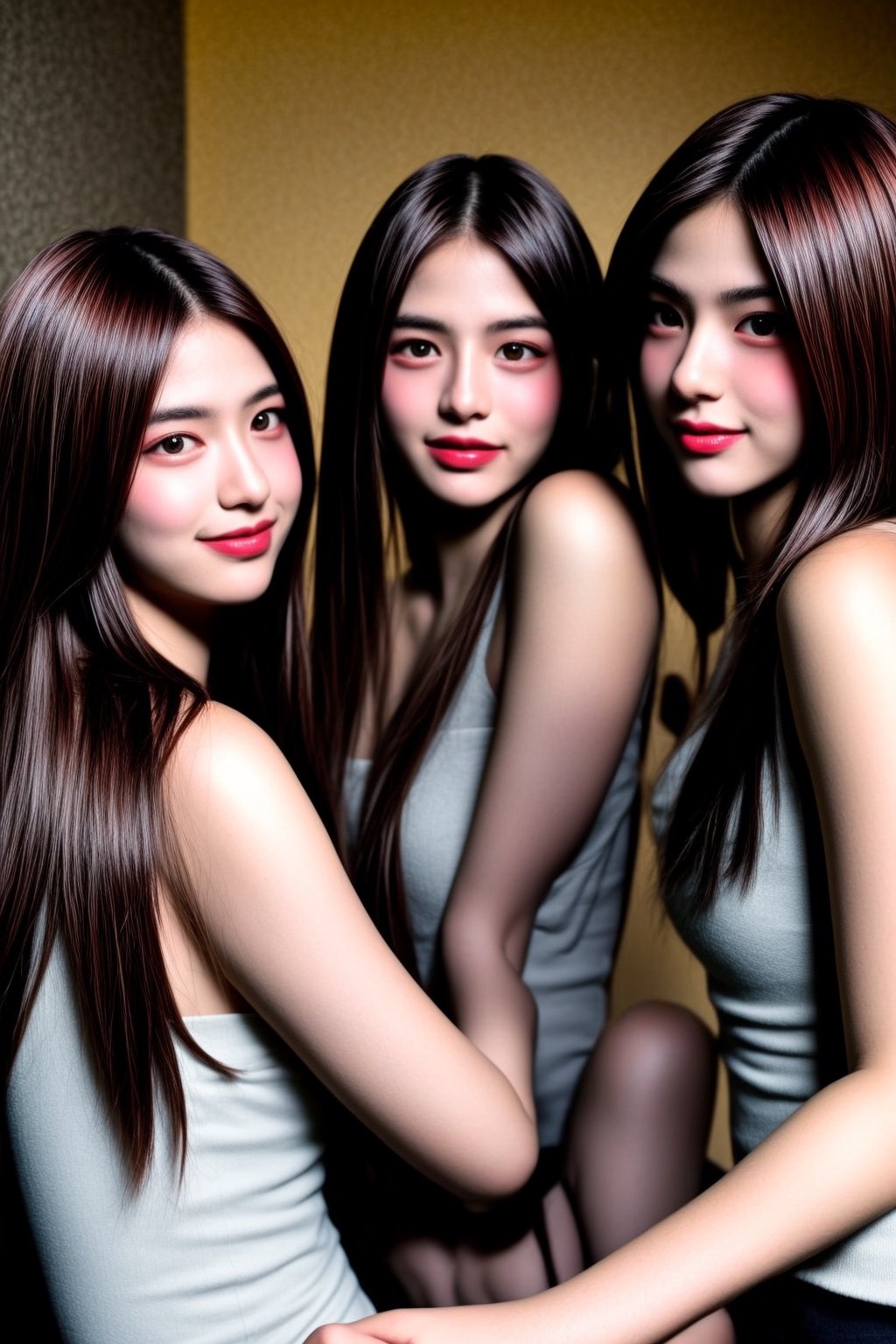 A candid Ultra-HD photo of three irresistible bishoujo teenagers with unique messy hairstyles and realistic detailed skin. The frame captures a relaxed and casual atmosphere, as they enjoy a dinner date. One girl sits in a supporting pose, leaning against another, while the third girl gazes off-camera with a hint of mischief. Soft lighting creates a warm glow, accentuating their remarkable skin tones and highlighting the creative play of shadows across their faces. The setting is intimate, with a subtle focus on the girls' joyful interaction, inviting the viewer to experience the dating POV from their perspective.,<lora:659111690174031528:1.0>