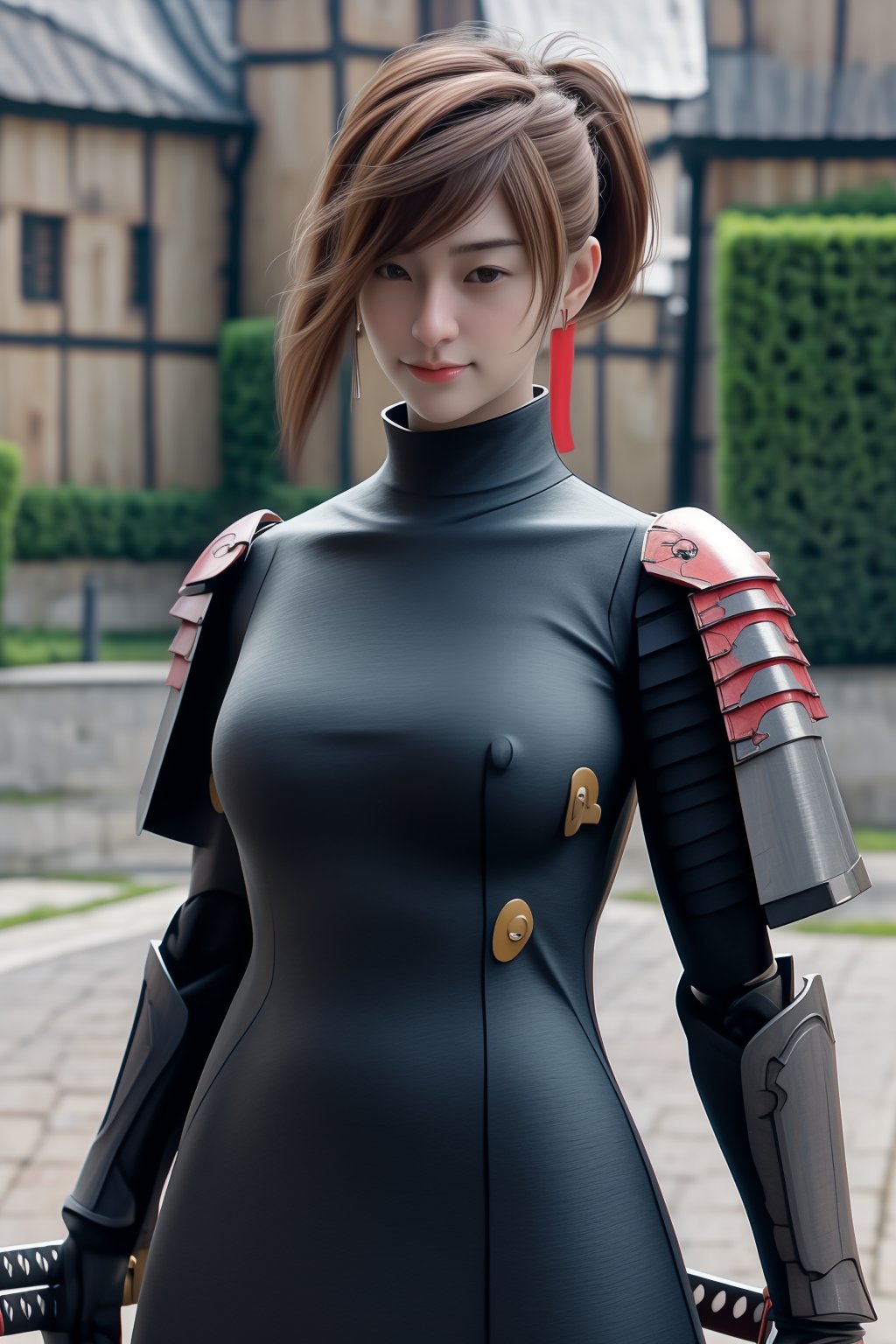 irresistible-1girl, (((physically-realistic, Hyper Realistic))), mix-of-hair-styles, mix-of-natural-blemishes, zelr, (((casual))), Samuraniji, samurai, deep-v-neck, intricate-blue-armor, full-samurai-armor, plated-shoulder-pads, holding-weapon, holding-katana, attack-pose, (((relaxed))), white background, ((castle-couryard)), optimal-lighting, shot-on-50mm, remarkable-colors,,<lora:659111690174031528:1.0>