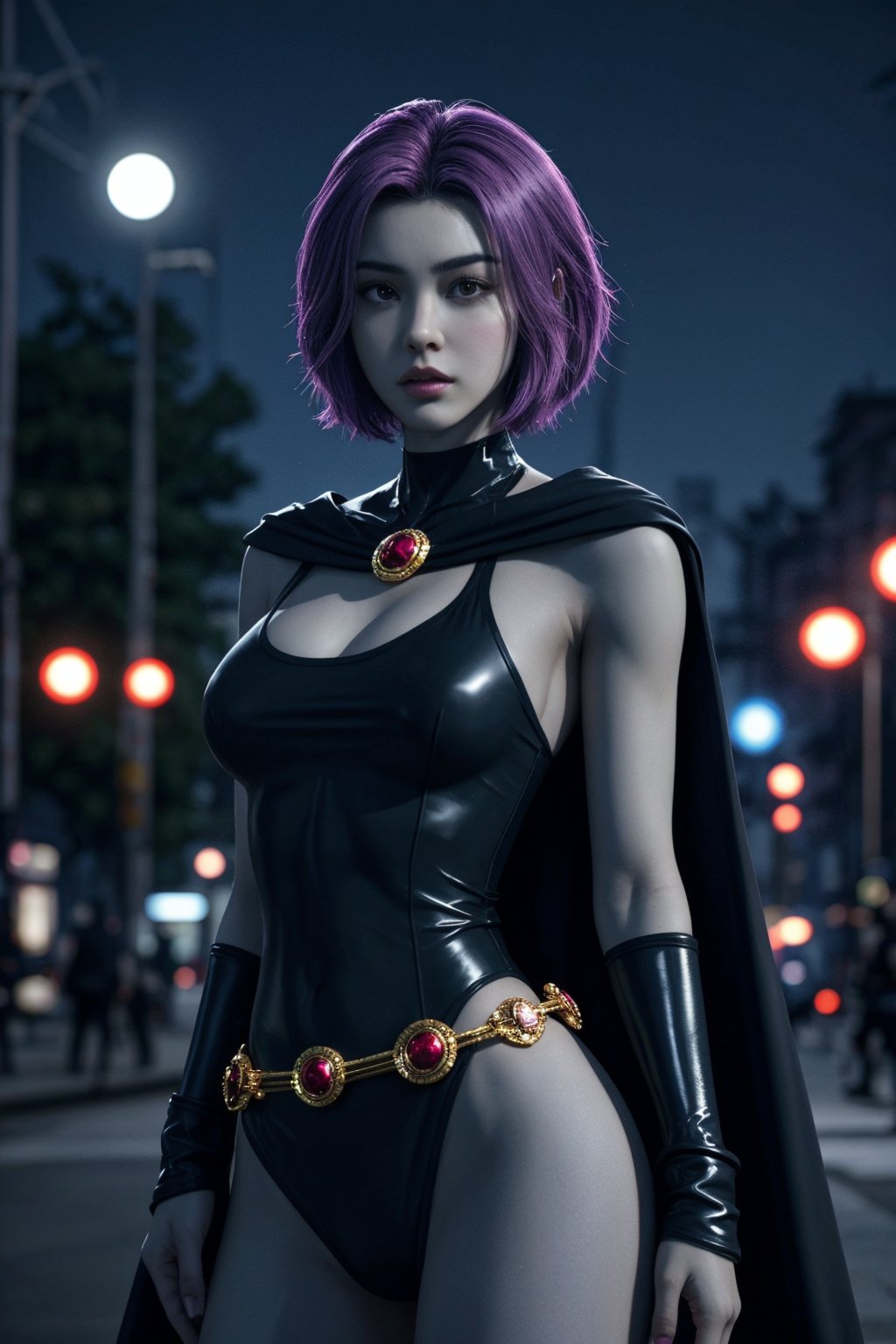 irrresistible-1girl, shameless, mix-of-hair-styles, dangerous-physique, ravdc, grey skin, forehead jewel, cape, leotard, belt, ornamentals, (((harassing-pov))), Enhance, streets, outdoors-at-night, moon-lighting, photo background, furure_urban,<lora:659111690174031528:1.0>