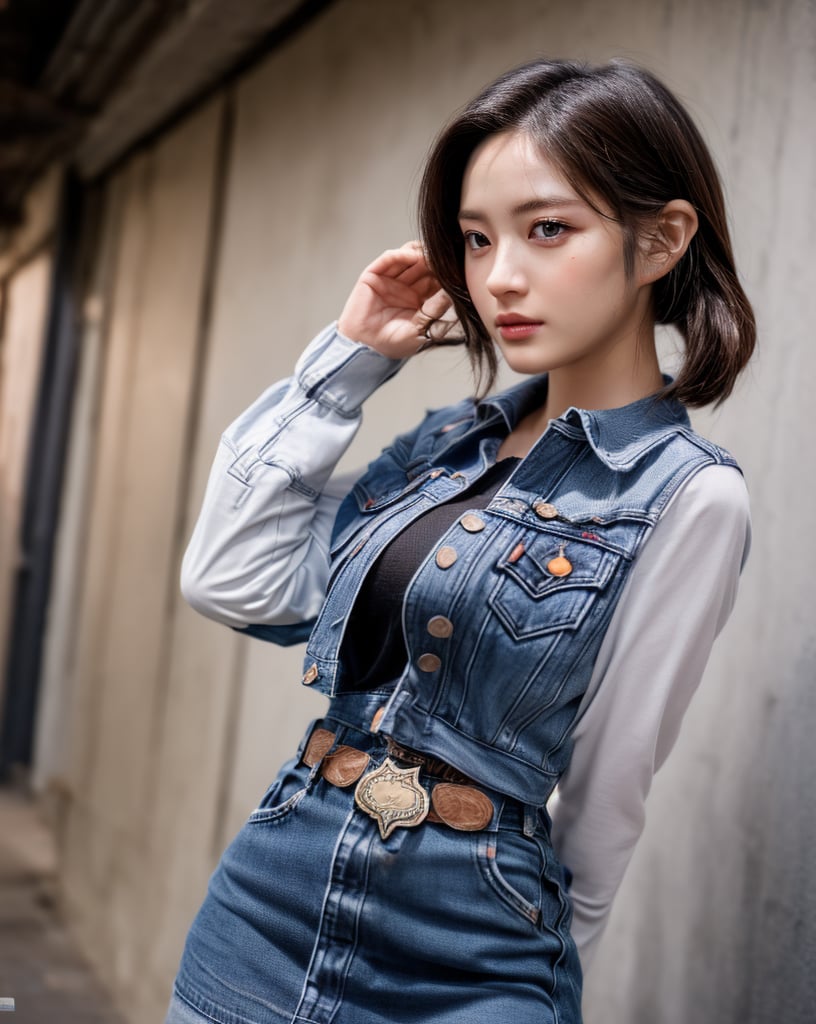 (glamour photography) photo of minju, Android_18_DB, blonde half_ponytail_hairstyle, (denim skirt, black undershirt with long white sleeves, pantyhose), (blush:0.9), (goosebumps:0.5), beautiful, masterpiece, photorealistic, remarkable detailed pupils, realistic dull skin noise, visible skin detail, skin fuzz, dry skin, (1girl, solo:2), (petite:1.2), masterpiece, hi-res, hdr, 8k, photorealistic, ultra realistic, ((pretend a goddess posing gravure):1.2), (cowboy shot:1.6), streets of manila, soft bounced lighting, (ray_tracing:1.2), subsurface scattering, {from side|from behind|(shot from a dutch angle:1.4)}, shot on RED camera, RAW cinema photo, (50mm portrait lens:1.2)