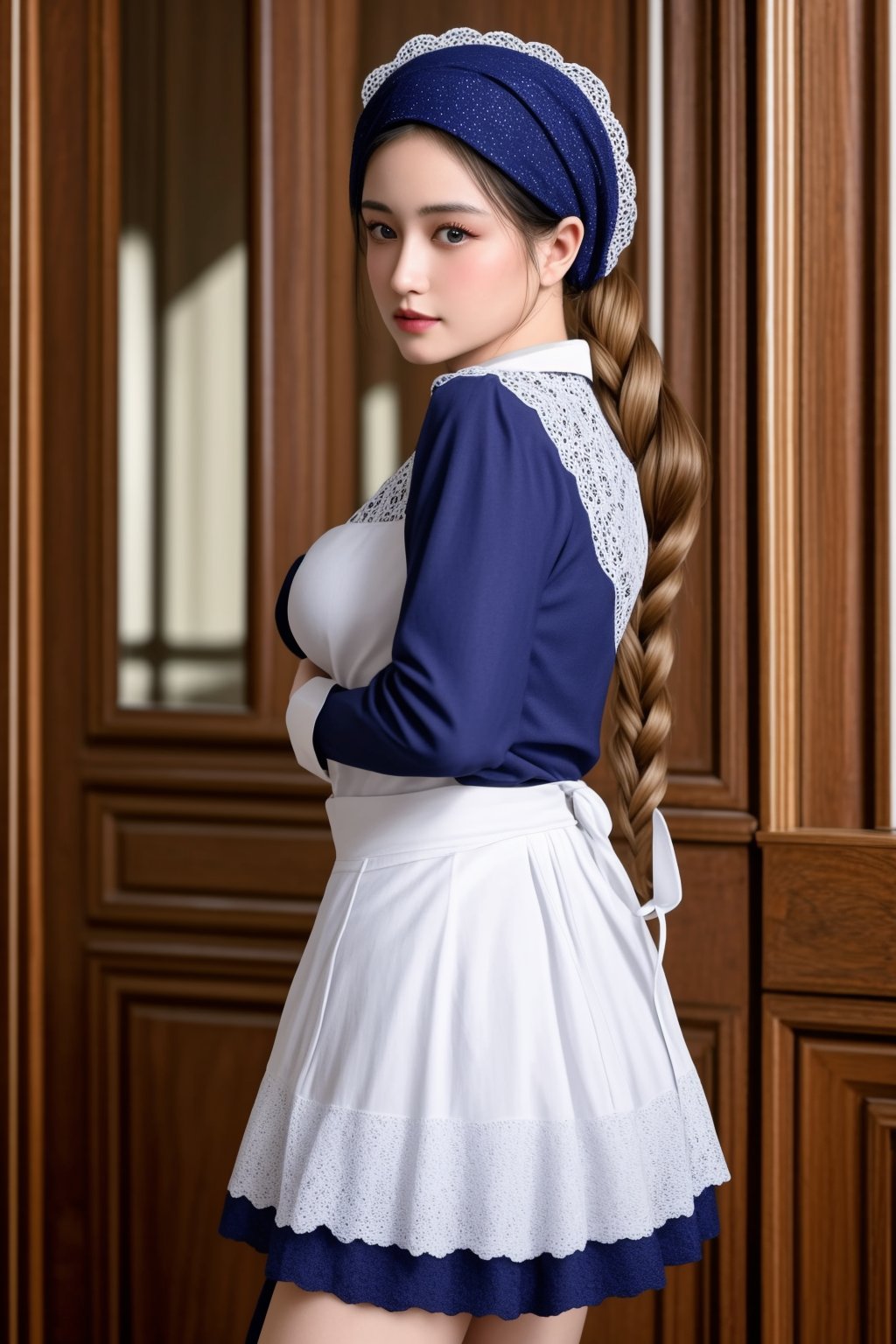 irresistible-1girl, middle_jewelry over head, unique-physique, Swedish Maid (19th Century): Blonde hair in a braid, blue eyes, wearing a simple, dark-colored (maid dress1.2) with a white, often ornate, apron and a headscarf, (stockings:1.1), Wearing a Swedish Maid's Headscarf, (((relaxed))), cowboy-shot, (((physically-realistic))),,<lora:659111690174031528:1.0>