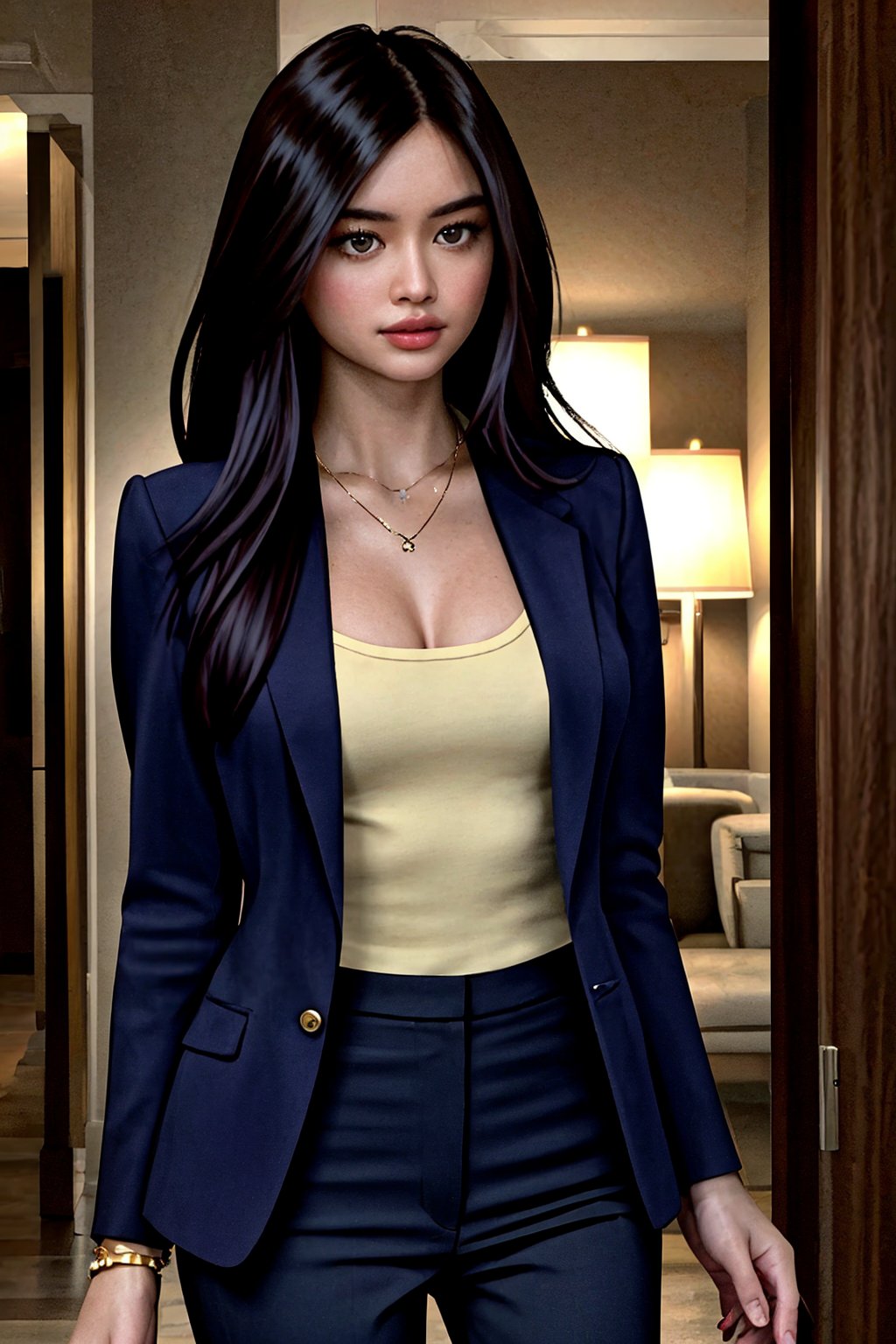 irresistible-1girl, sophto, black-hair, mix-of-hair-styles, officelady-outfit, open-blazer-over-halter-shirt, slacks, jewelry, (((dating-pov))), Enhance, school-university, indoors-at-noon, soft-key-lighting, photo background, multi_effects,<lora:659111690174031528:1.0>