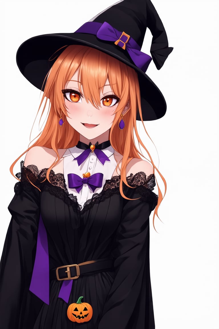 1girl, virtual youtuber, solo, orange eyes, orange hair, long hair, witch hat, Halloween costume, blush, earrings, looking at viewer, black dress, jewelry, pumpkin (symbol), symbol in eye, black cloak, bat in eye, bow earrings, off shoulder, black jacket, ribbon, black headwear, upper body, lace, hand on chest, closed mouth, purple ribbon, lace trim, one side up, lace choker, long sleeves, shirt, hair between eyes, bow, white background, belt, open clothes, hair ribbon