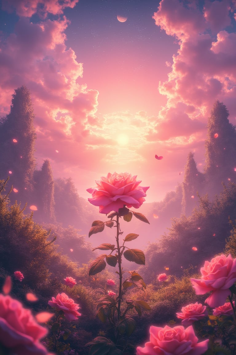 magine a vibrant anime-style HD scene set in a magical landscape that bursts with color and life. In the foreground stands a beautiful, blooming rose, its delicate petals shining with soft pink and red hues. The rose is surrounded by intricate thorny vines, symbolizing the challenges and pain that lead to growth. These thorns are glowing faintly, as if they too hold a transformative power within them.

Behind the rose, the scene opens up to a vast, ethereal sky filled with glowing, soft pink and gold hues, radiating peace and warmth. The light from the sky bathes everything in a heavenly glow, casting a feeling of transformation. Small petals float gently through the air, carried by a mystical breeze, adding a sense of fluidity and movement to the scenery.

In the background, a serene forest filled with tall, ancient trees stands bathed in the same magical light, hinting at the depth of personal growth that comes through the journey of emotions. The trees are covered with soft, luminous moss and delicate blossoms, symbolizing continuous growth despite hardships.

The sky above is alive with a mix of golden sunlight, shimmering stars, and a radiant moon, highlighting the cycle of life and emotions—joy, sadness, and pain—as teachers on the path to inner strength. The entire scene exudes a sense of peace, transformation, and spiritual awakening, drawing the viewer into its magical, calming beauty.

This scene is a visual metaphor for the idea that every emotion is a teacher, re,Cinematic_Enhancer_Style