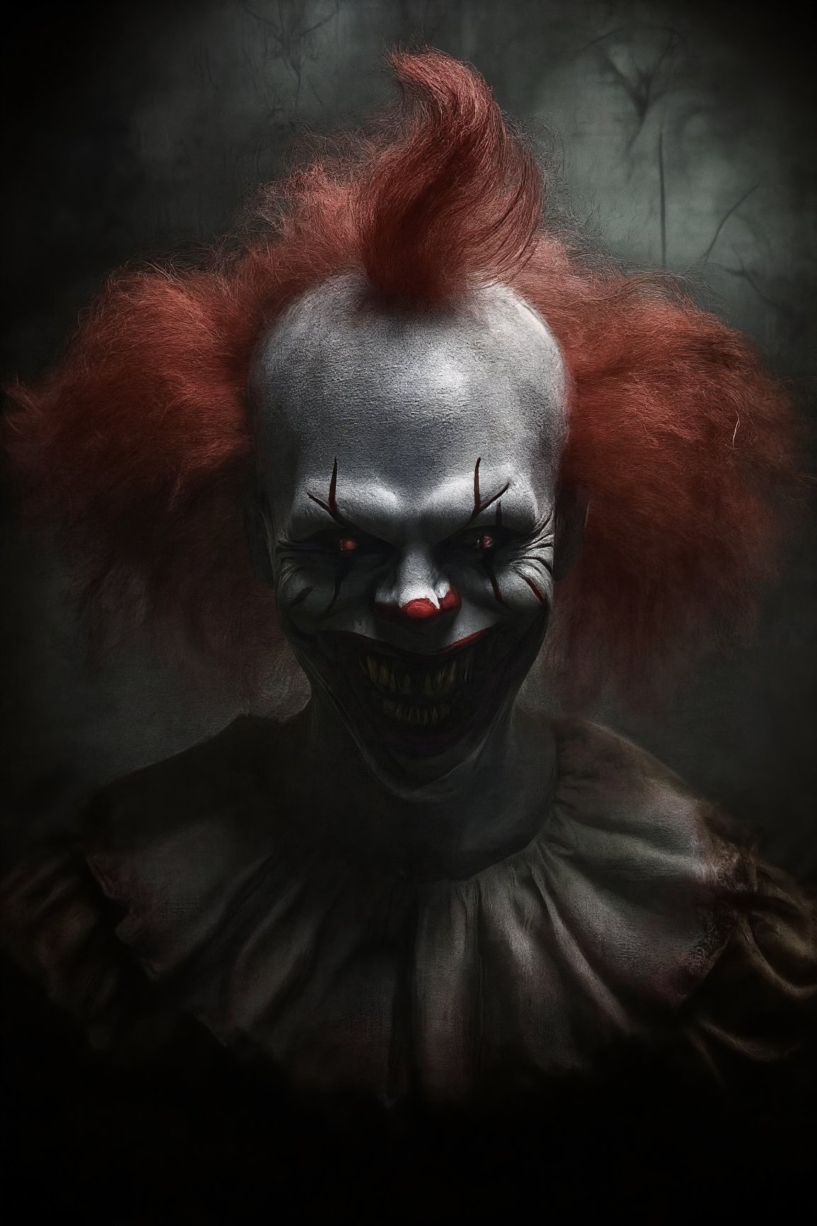 The image is a close-up of a clown's horror face. The clown has a menacing expression with sharp teeth and red eyes. Its hair is styled in a spiky, red mohawk that covers the top of its head. The background is dark and ominous, with a hint of smoke or fog. The overall mood of the image is eerie and menacing,	darknessstyle