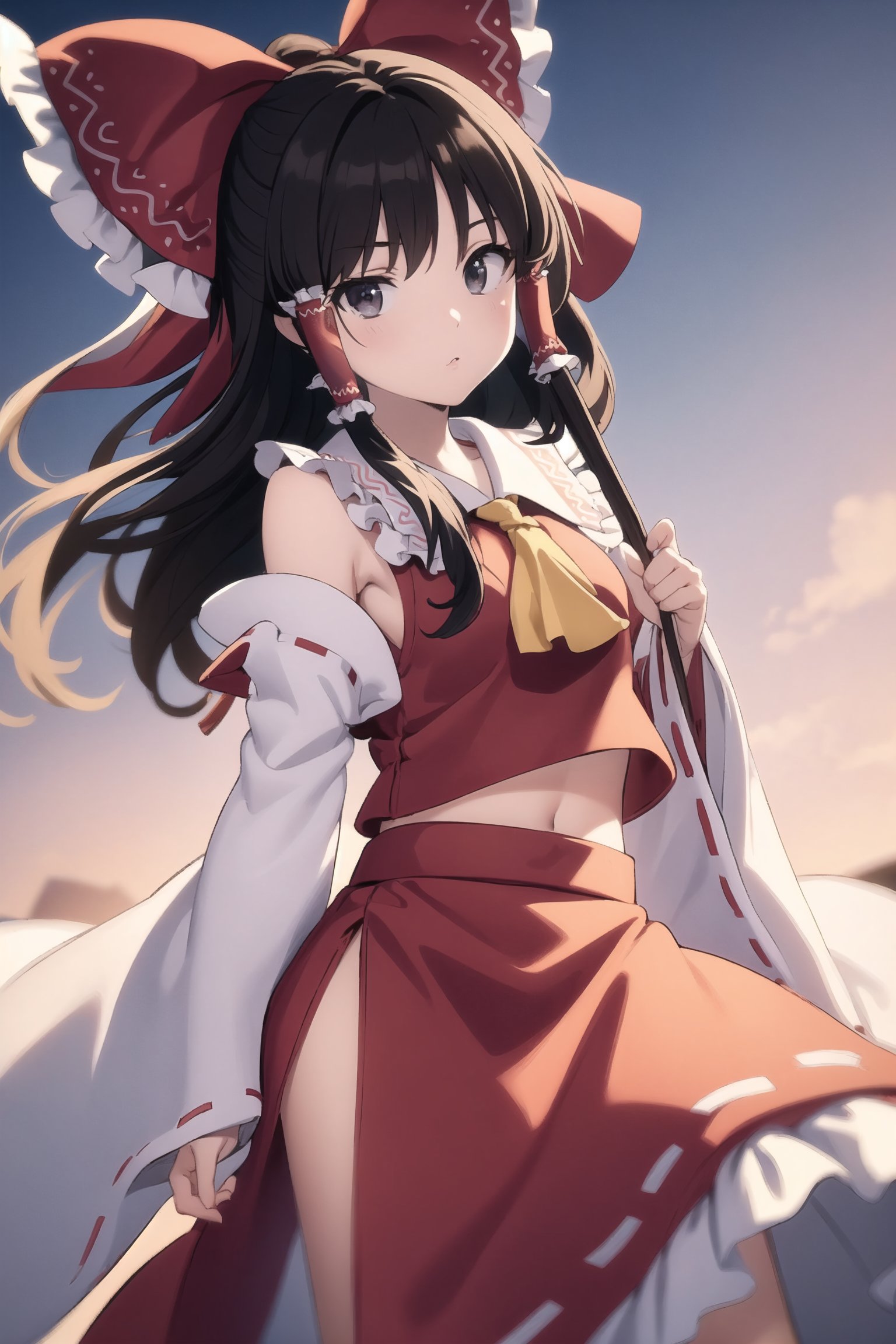 (Best Quality, 8K, ultra-detailed, Masterpiece: 1.3), brown hair, hair bow,hair tubes, tabard,long dress,hakurei reimu, high colors 