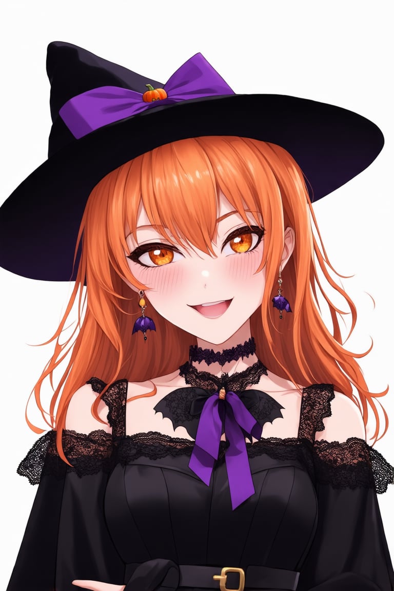 1girl, virtual youtuber, solo, orange eyes, orange hair, long hair, witch hat, Halloween costume, blush, earrings, looking at viewer, black dress, jewelry, pumpkin (symbol), symbol in eye, black cloak, bat in eye, bow earrings, off shoulder, black jacket, ribbon, black headwear, upper body, lace, hand on chest, closed mouth, purple ribbon, lace trim, one side up, lace choker, long sleeves, shirt, hair between eyes, bow, white background, belt, open clothes, hair ribbon