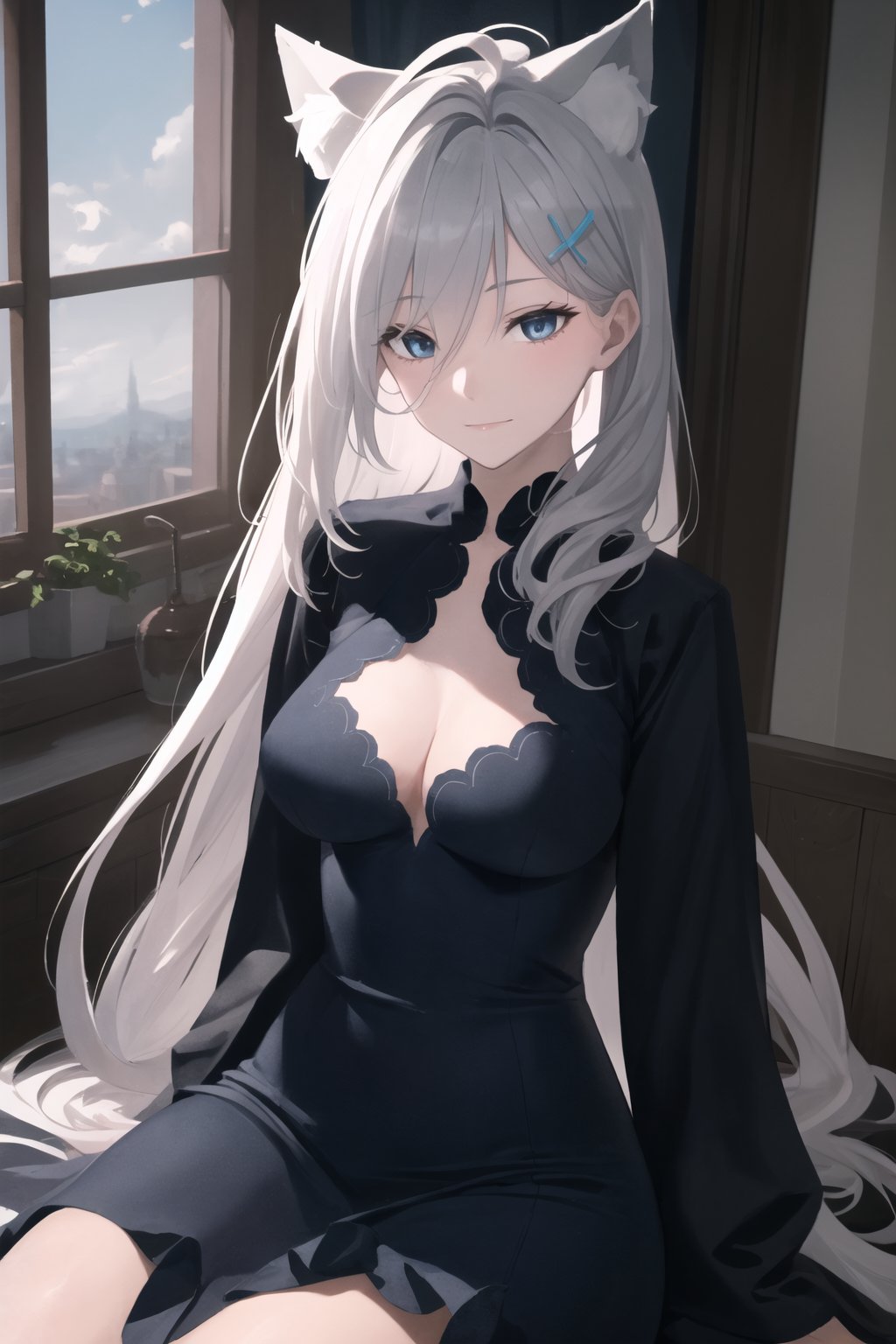 (Best Quality, 8K, ultra-detailed, Masterpiece: 1.3),  1girl, solo, looking at viewer, very long hair, blue eyes, hair between eyes, closed mouth, white hair, streaked hair, shiroko(terror), animal ear fluff, animal ears, shirokoterror, dress, smile, room, Landscape, halo, 