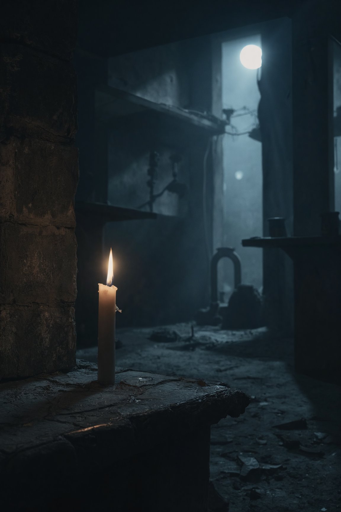 A close-up shot of a single, half-melted candle placed at the edge of an old, cracked stone window sill. The candle’s flame flickers gently, casting a warm, orange glow that contrasts with the cold, bluish moonlight seeping through the window. The flame illuminates part of the ancient, cobweb-covered stone wall, creating intricate, long shadows that dance across the room. In the background, the rest of the room fades into darkness, with only faint outlines of dusty shelves and eerie, abandoned objects. Outside, the moon hangs low in a fog-filled sky, casting a soft, ethereal light that mixes with the candle’s glow, creating a haunting yet mesmerizing blend of warm and cold lighting. The angle captures the depth of the room, with the candle as the primary focus, while the background gradually blurs, enhancing the atmosphere of isolation and mystery