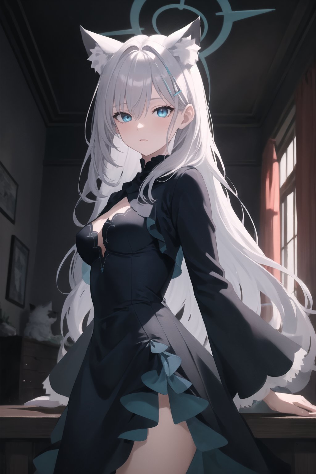 (Best Quality, 8K, ultra-detailed, Masterpiece: 1.3),  1girl, solo, looking at viewer, very long hair, blue eyes, hair between eyes, closed mouth, white hair, streaked hair, shiroko(terror), animal ear fluff, animal ears, shirokoterror, dress, smile, room, Landscape, halo, 