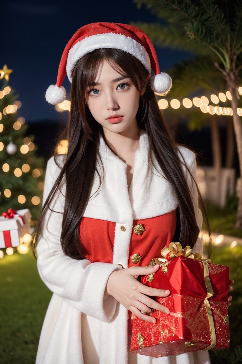 girl dressed in Christmas costume, night, Santa Claus, gifts, high quality, girl, blue eyes, 1 man, beautiful girl