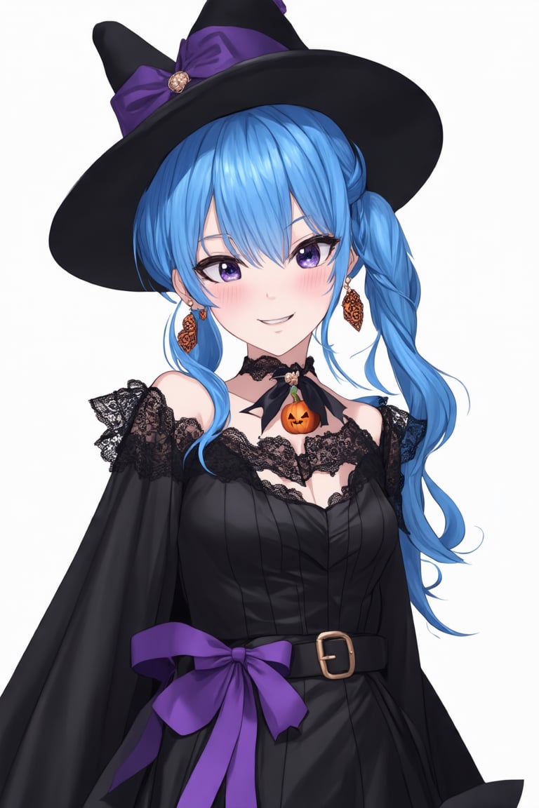 1girl, virtual youtuber, solo, blue eyes, blue hair, long hair, witch hat, Halloween costume, blush, earrings, looking at viewer, black dress, jewelry, pumpkin (symbol), symbol in eye, black cloak, bat in eye, bow earrings, off shoulder, black jacket, ribbon, black headwear, upper body, lace, hand on chest, closed mouth, purple ribbon, lace trim, one side up, lace choker, long sleeves, shirt, hair between eyes, bow, white background, belt, open clothes, hair ribbon,hoshimachi suisei, side pony tail